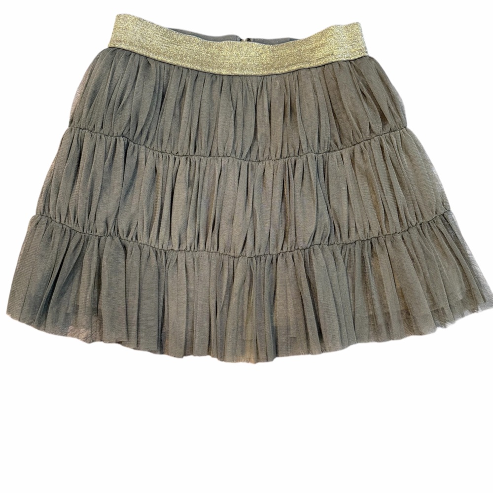 Twelve by Twelve Olive Green Layered Tulle Mini Skirt Gold Waistband | Med